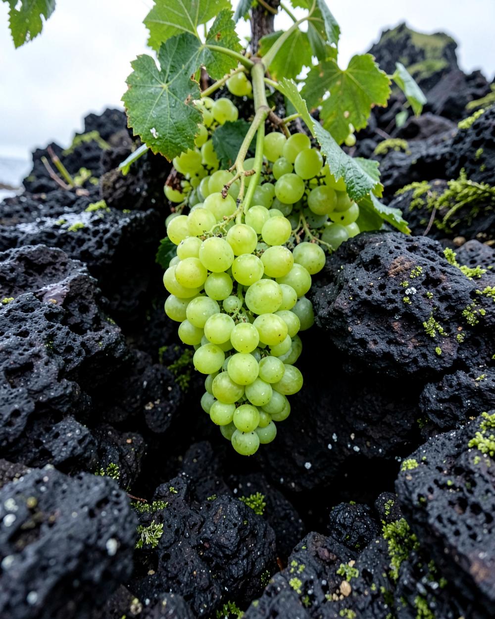 Groene druiven tussen zwarte lavastenen op de Azoren