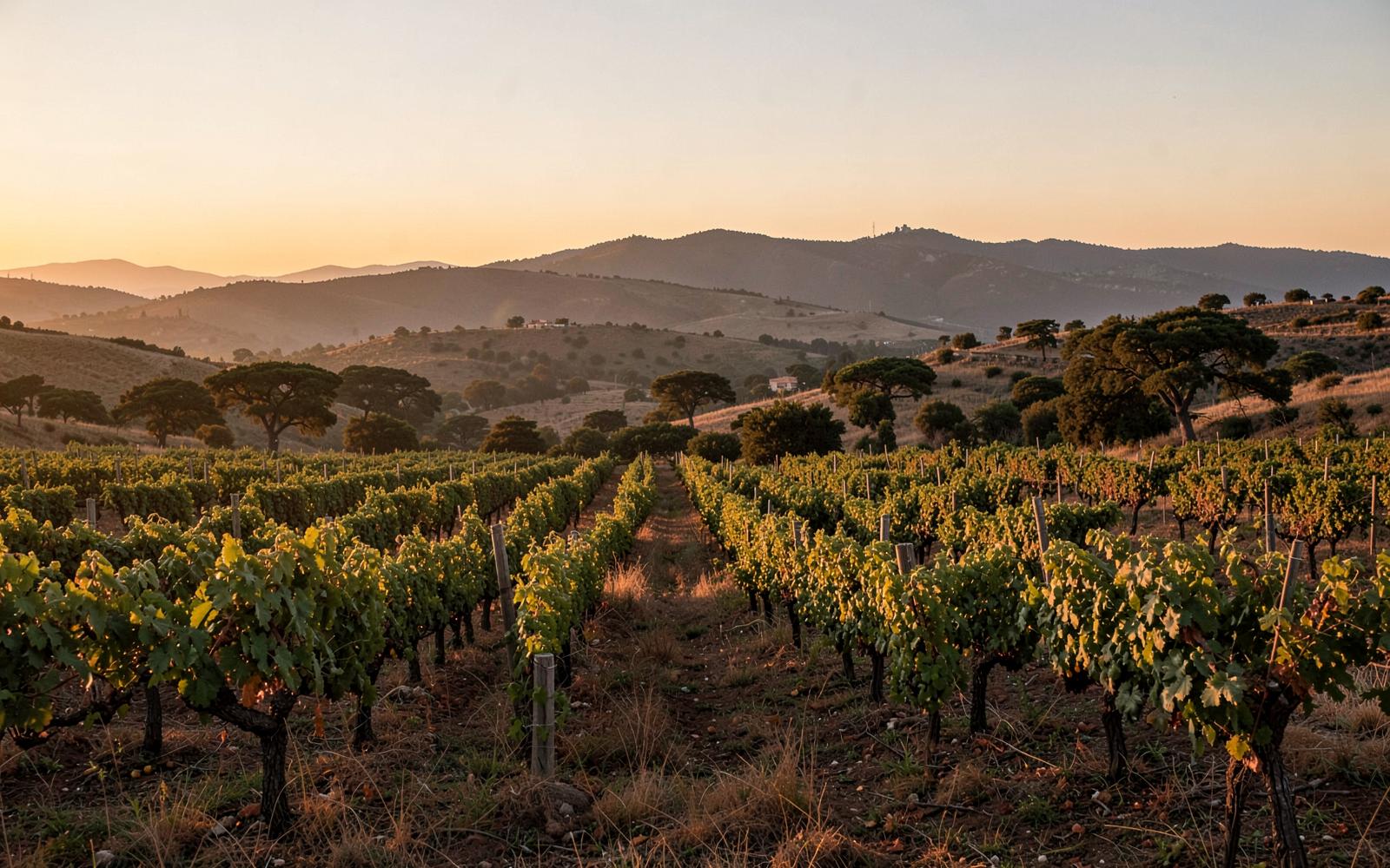 Wijngaard in Alentejo bij zonsondergang