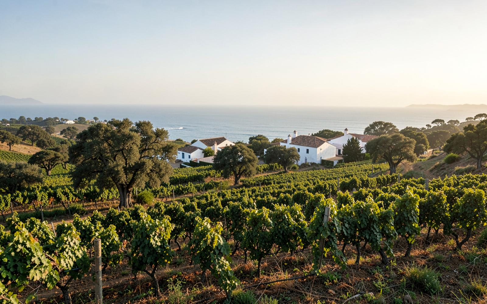 Landschap van de Algarve met wijngaarden en kurkeiken bij de kust