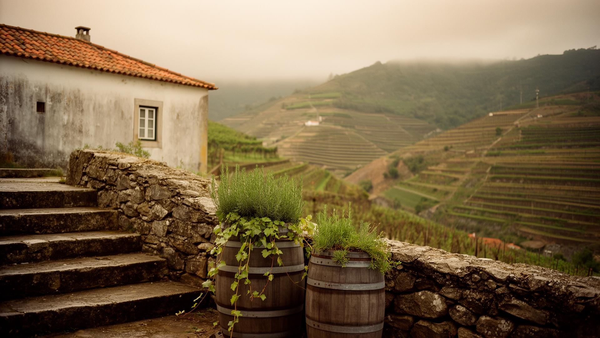 Een quinta met terracotta dak boven de getrapte wijngaarden van de Douro