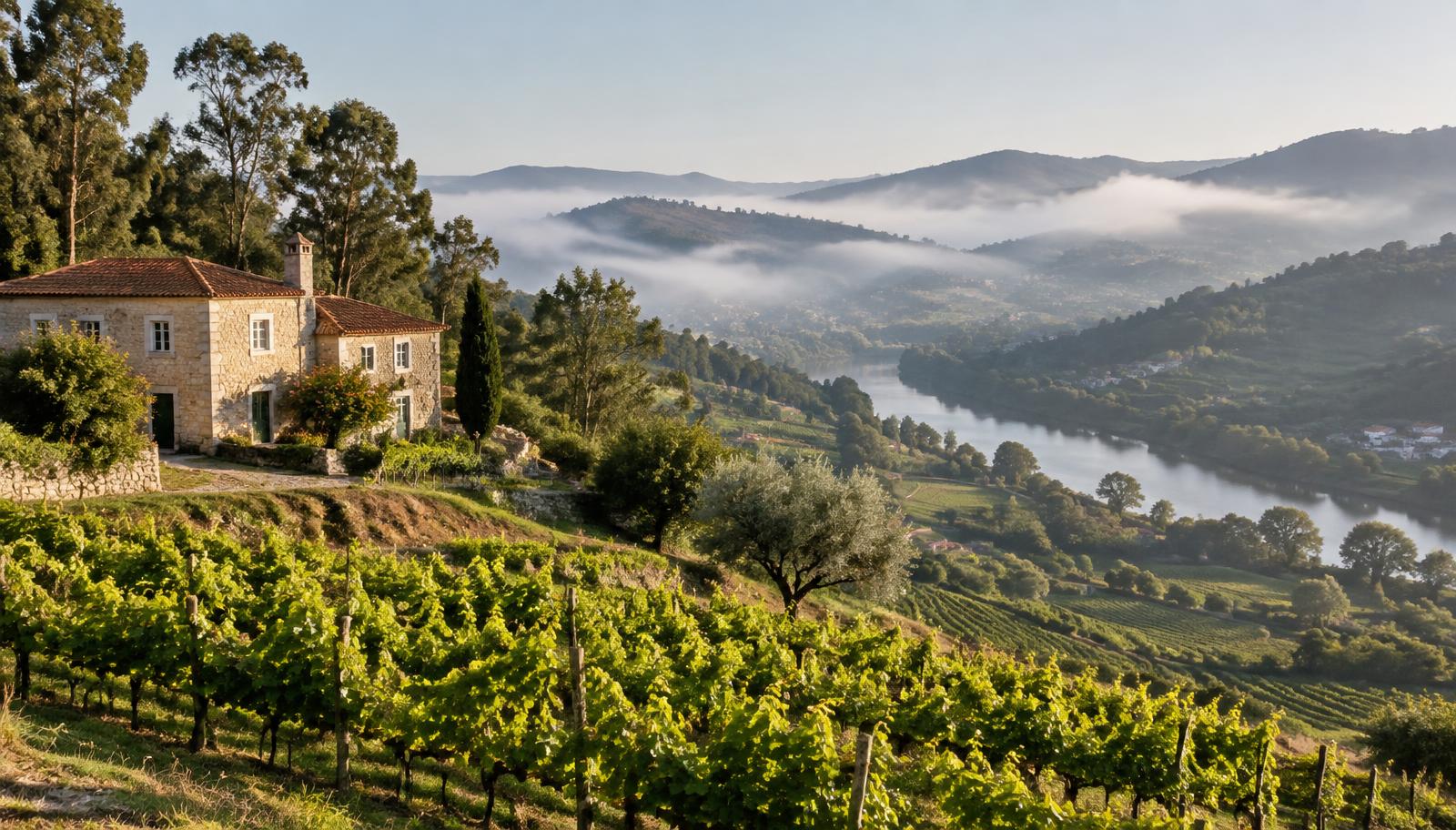 Groene wijngaarden in de Minho-vallei van Vinho Verde